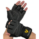 Black fitness gloves with wrist wrap and Fitzone logo on a white background