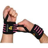 Hand wearing Black Fitzone Wrist Wraps with pink stripes and Fitzone logo on a white background