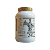 Gold ISO whey protein isolate packaging with a muscular figure on a white background