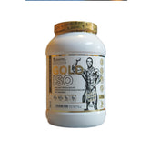 Gold ISO whey protein isolate packaging with a muscular figure on a white background