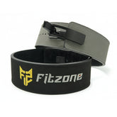Gray and black weightlifting belt with 'Fitzone' branding on a white background