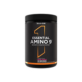 Black supplement container labeled 'Essential Amino 9' by Rule One on a white background