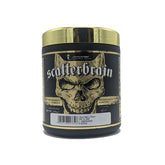 Supplement container labeled 'scatterbrain' with a skull design on a white background