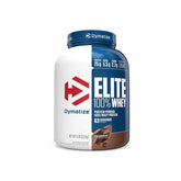 A container of Dymatize Elite 100% Whey Protein Powder, 5lbs size, with branding and product information on the label.