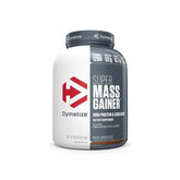 A container of Dymatize Super Mass Gainer, which is a high-protein supplement designed for gaining weight and building muscle.