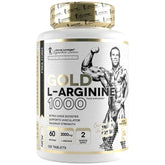 A container of Kevin Levrone Gold L-Arginine 1000, with a white and gold label featuring an image of a muscular person and text indicating the product's benefits and contents (120 tablets).