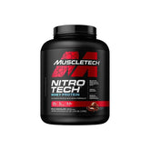 A container of MuscleTech NitroTech Whey Protein, 4lbs, in black with red and white text and graphics.
