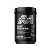 A container of Muscletech Platinum 100% Creatine Monohydrate, with branding and product information displayed on the label.