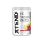 A container of Scivation Xtend BCAA supplement with fruit punch flavor, 30 servings, predominantly white container with multicolor design elements.