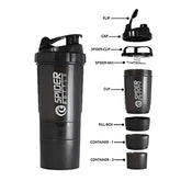 Black Spider Protein Shaker Bottle with labeled parts on a white background in Pakistan