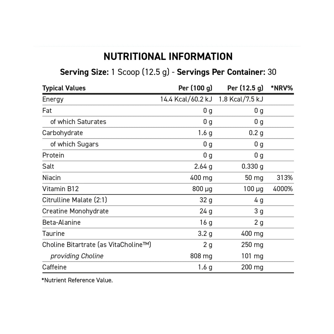 ABE Ultimate Pre-Workout Supplement Facts label showing key ingredients (caffeine, beta-alanine, creatine, citrulline malate, vitamins) per serving