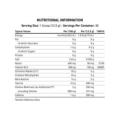 ABE Ultimate Pre-Workout Supplement Facts label showing key ingredients (caffeine, beta-alanine, creatine, citrulline malate, vitamins) per serving