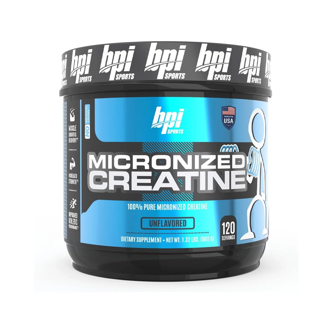 BPI Sports Micronized Creatine 120 Servings, a high-quality creatine supplement for boosting strength, endurance, and muscle growth without fillers or additives.