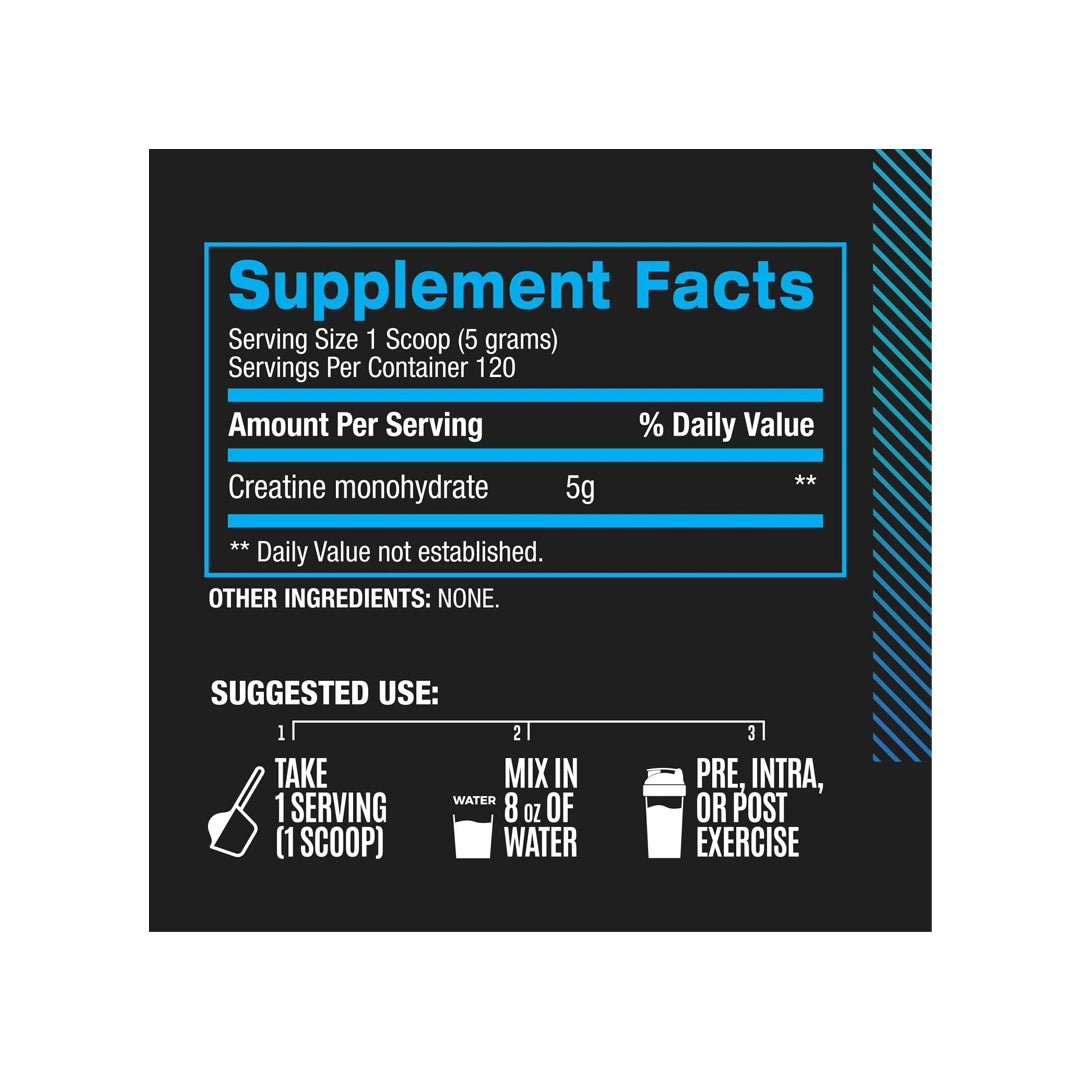 Supplement facts for BPI Sports Micronized Creatine 120 Servings, featuring micronized creatine monohydrate for better absorption and enhanced muscle performance.
