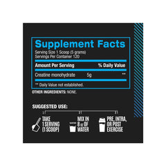 Supplement facts for BPI Sports Micronized Creatine 120 Servings, featuring micronized creatine monohydrate for better absorption and enhanced muscle performance.