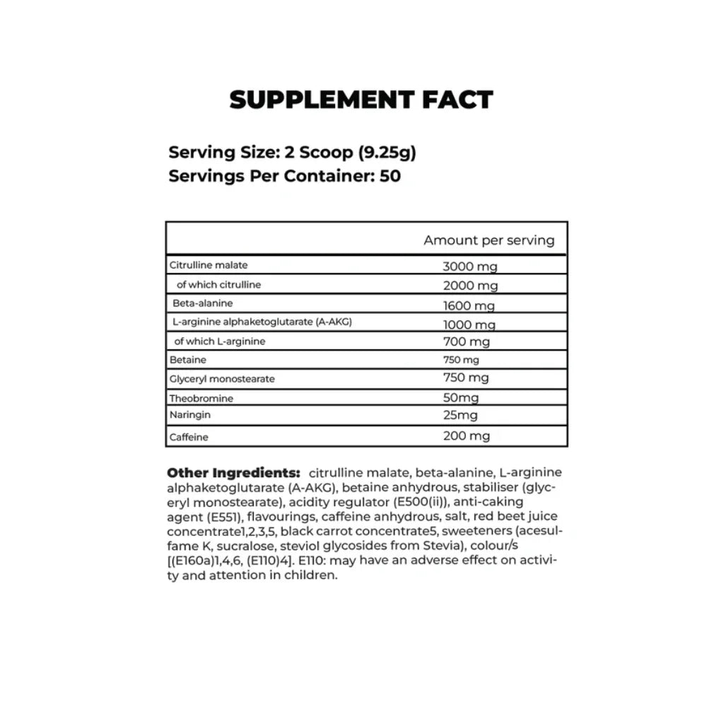 Supplement fact label with detailed nutritional information on a white background