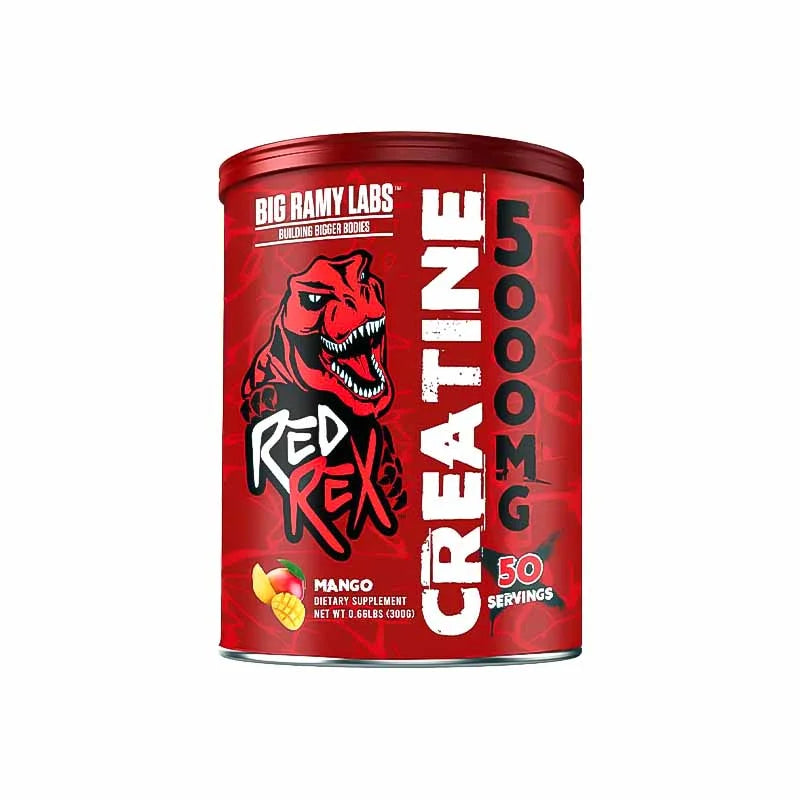 A container of Big Ramy Labs Red Rex Creatine in mango flavor with 60 servings, featuring a red background and a dinosaur graphic.