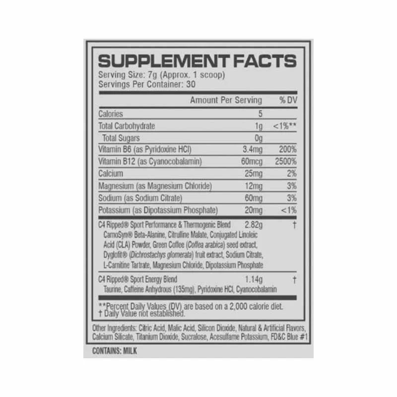 Nutrition Label of C4 Ripped Sport Pre-Workout 30 Servings

