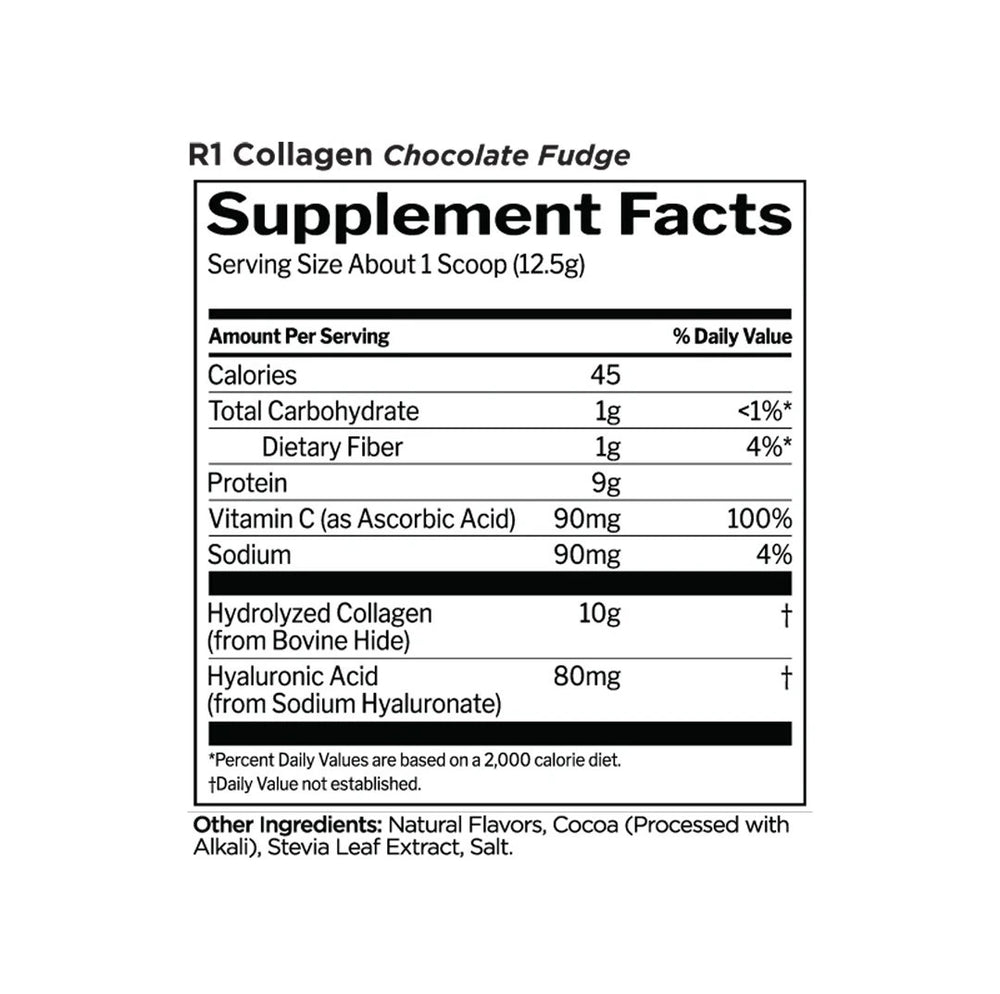 Rule One Collagen Peptides – Chocolate Fudge flavor nutrition facts and ingredients for hair, skin, and joint health