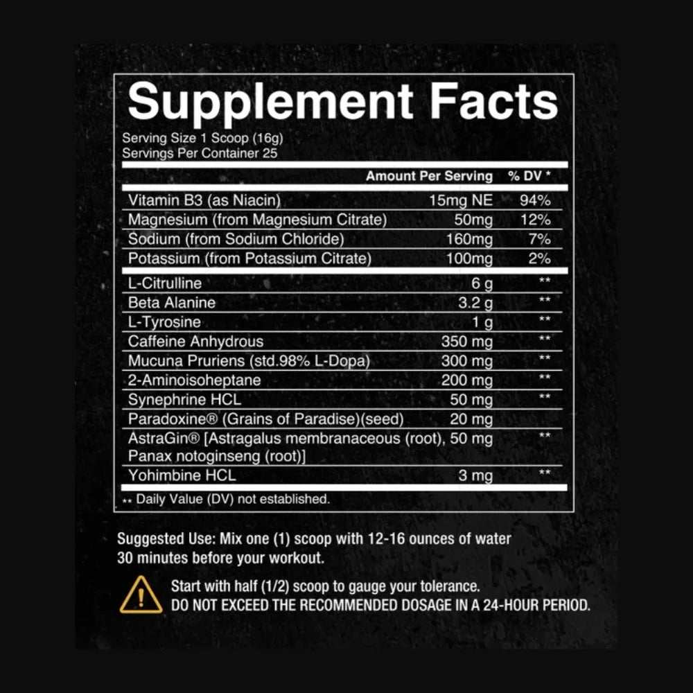 Label and ingredients of Condemned Labs Convict pre workout showing caffeine, beta alanine, and focus blend