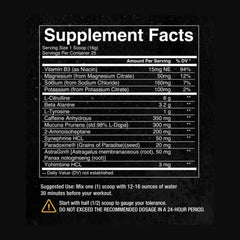 Label and ingredients of Condemned Labs Convict pre workout showing caffeine, beta alanine, and focus blend