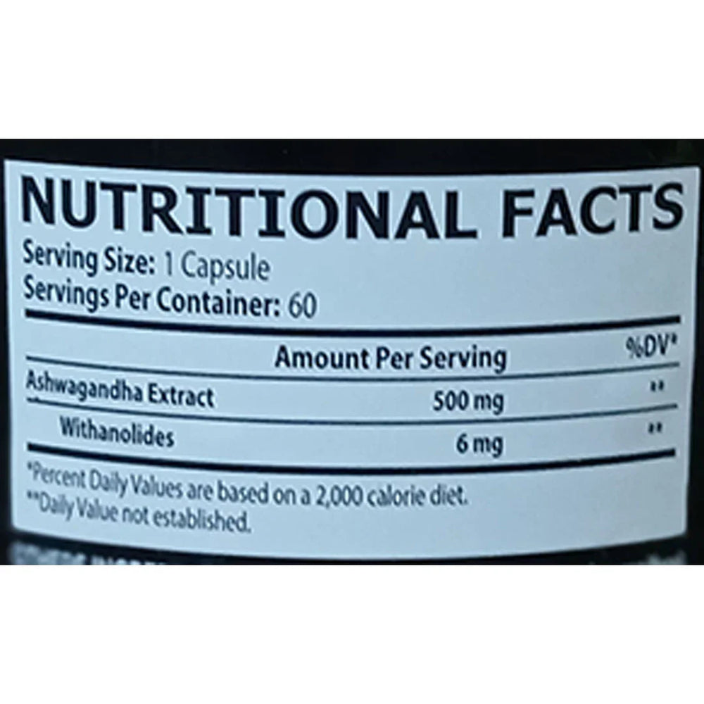 Ingredients and dosage info of CORE CHAMPS Ashwagandha 500mg capsules for hormone and stress support