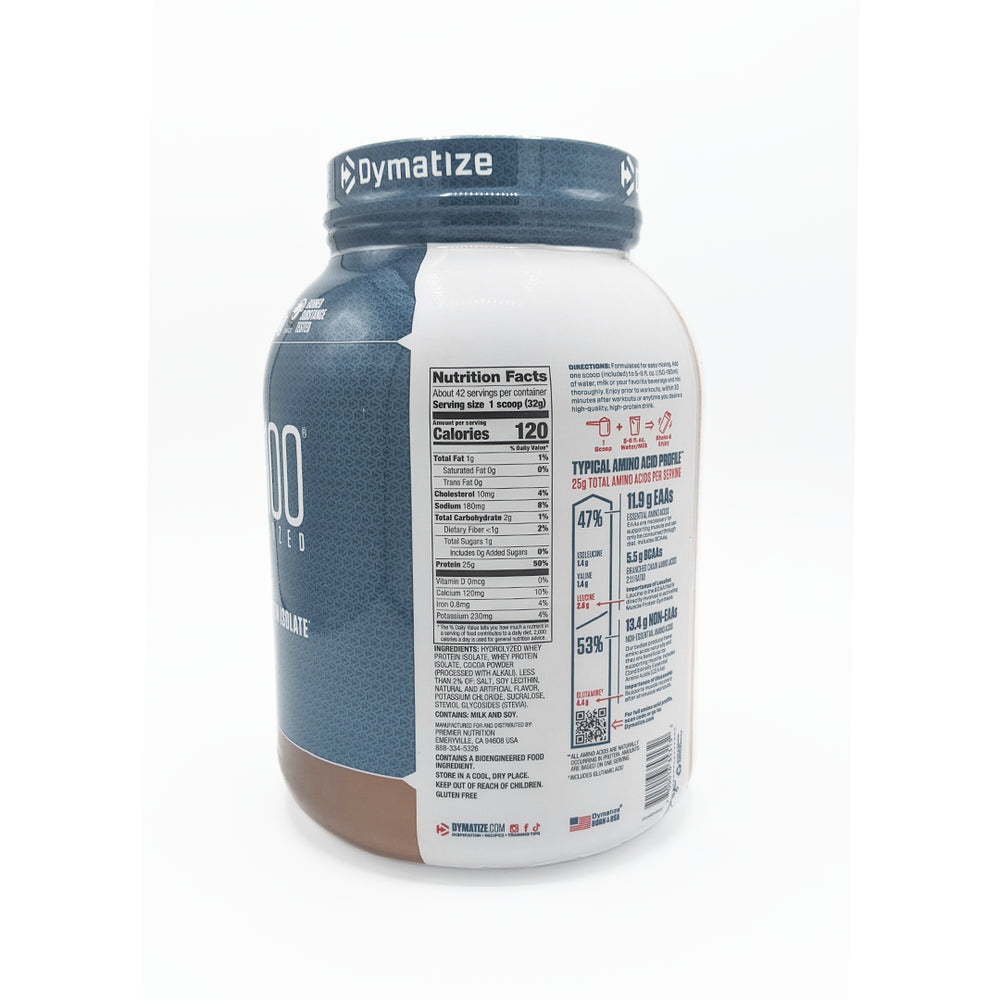 Dymatize protein powder container with label on a white background