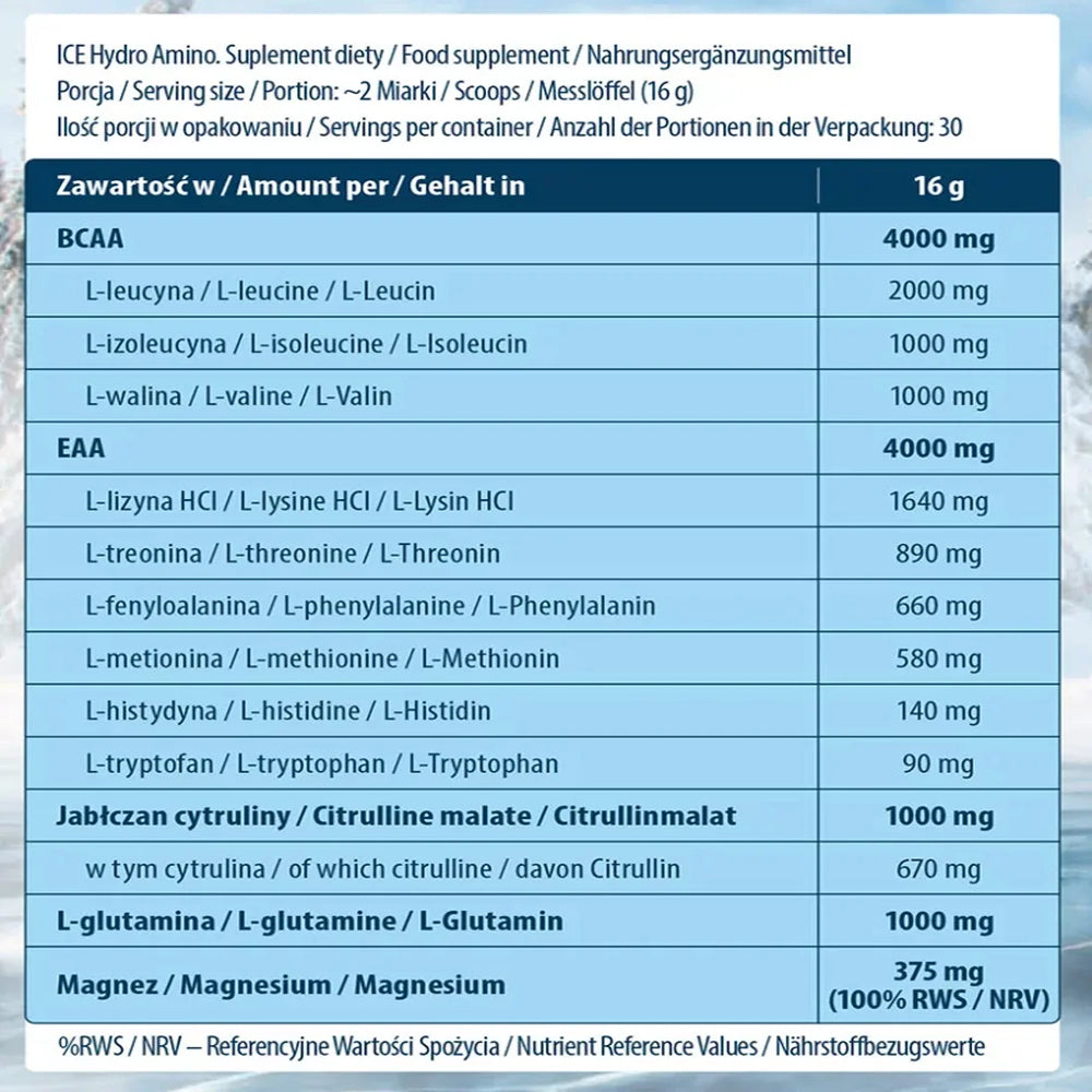 Supplement facts of FA ICE Hydro Amino 480g with BCAAs and EAAs
