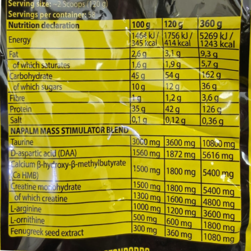 FA Nutrition Xtreme Napalm Mass Gainer nutrition facts label