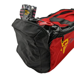 Red and black sports bag with visible brand logo on a white background