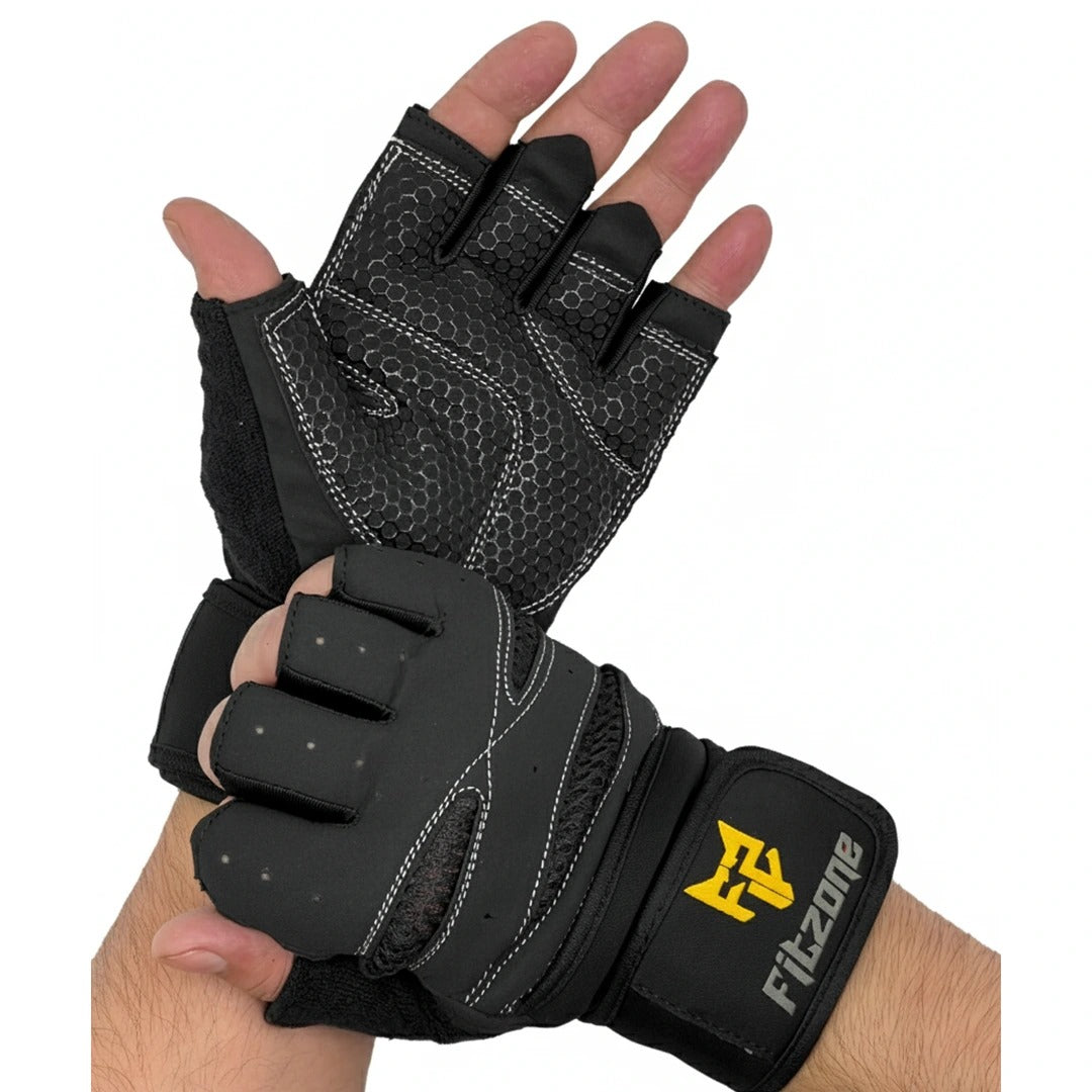 Black fitness gloves with wrist wrap and Fitzone logo on a white background