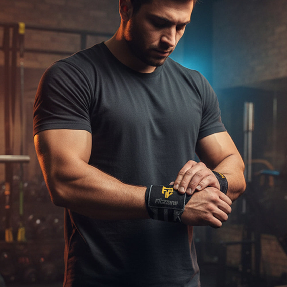 Man preparing for a workout by wearing Fitzone grey wrist wraps in a gym setting in Pakistan