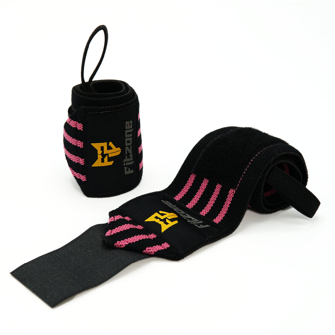 Black wrist wrap with pink stripes and a black container on a white background