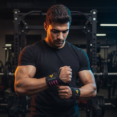 Man in a gym wrapping his wrist with Pink Fitone Wrist Wraps in Pakistan