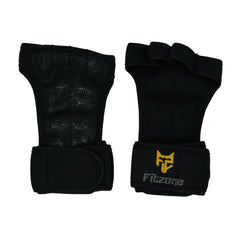 Black fitness gloves with wrist support and Fitzone logo on a white background