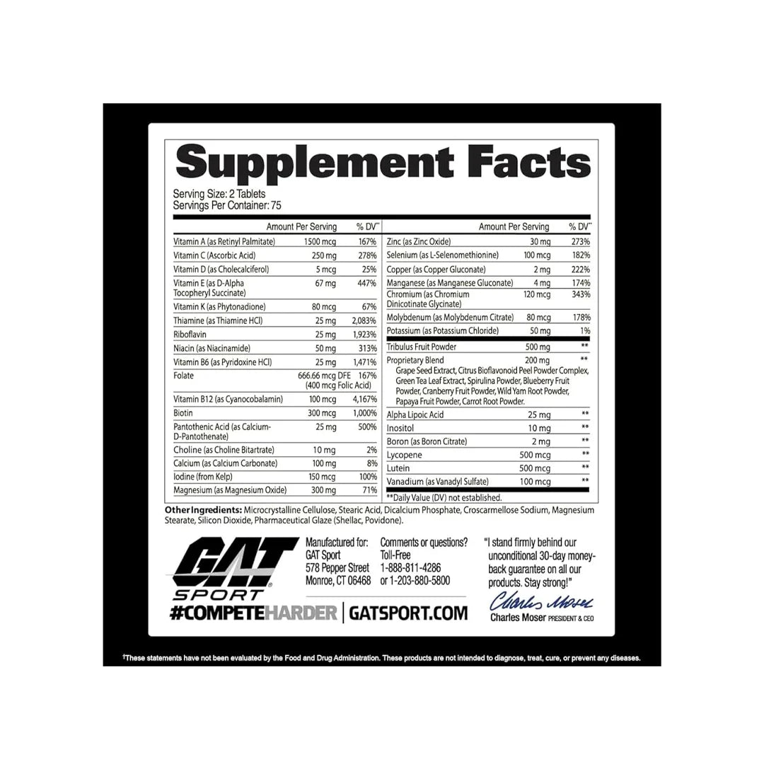 Supplement facts label with GAT Sport branding on a white background