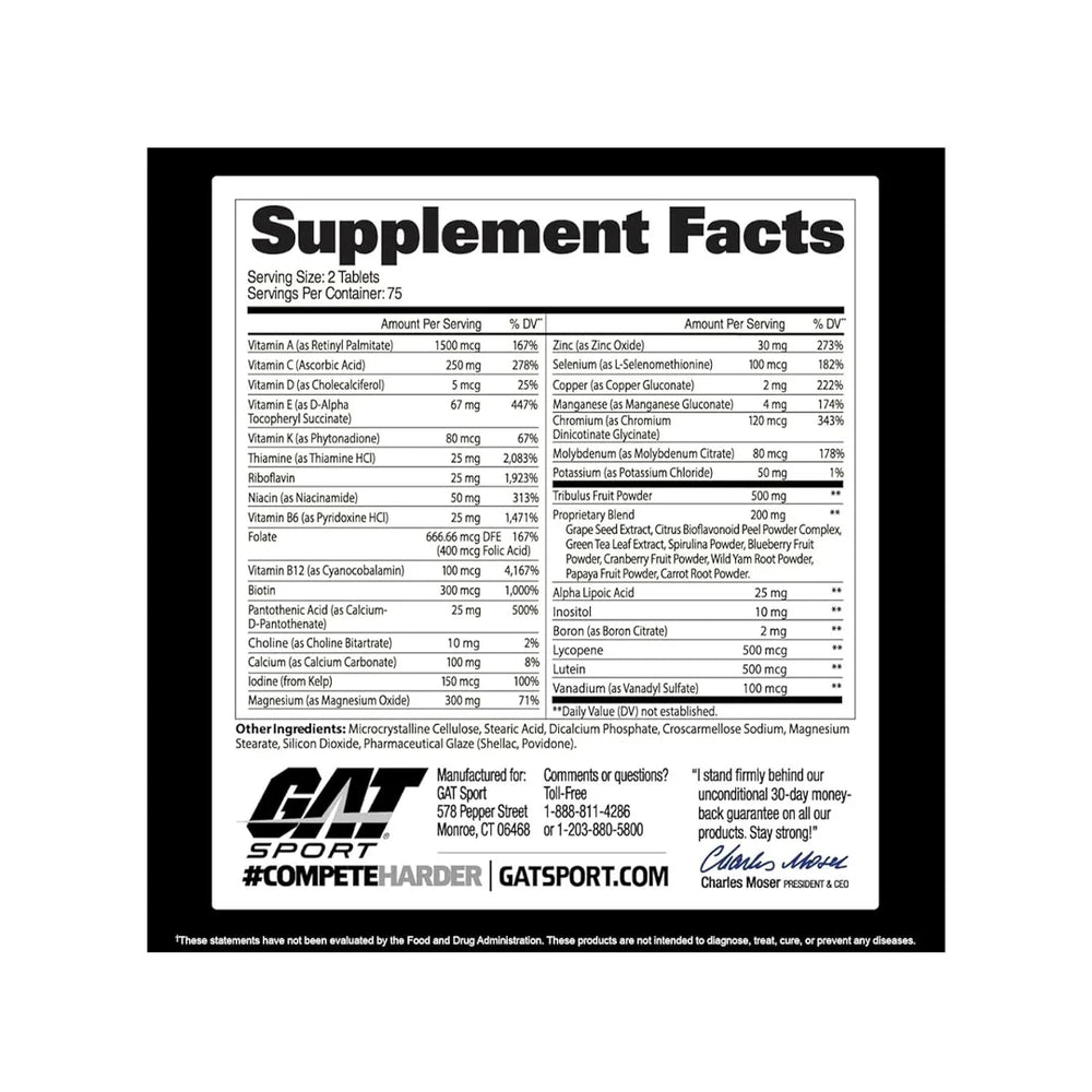 Supplement facts label with GAT Sport branding on a white background