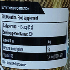 Nutritional facts label of Kevin Levrone Gold Creatine 1kg – showing creatine monohydrate content and serving details.