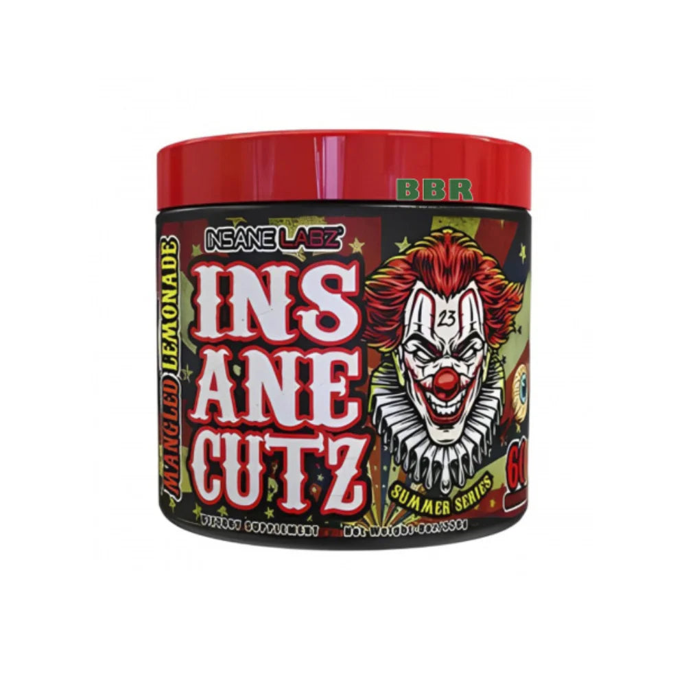 Supplement container with a clown design and 'Insane Cutz' branding on a white background