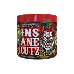 Supplement container with a clown design and 'Insane Cutz' branding on a white background