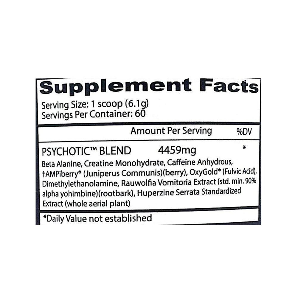 Supplement facts label for a 'Psychotic Blend' with detailed ingredient list on a white background.