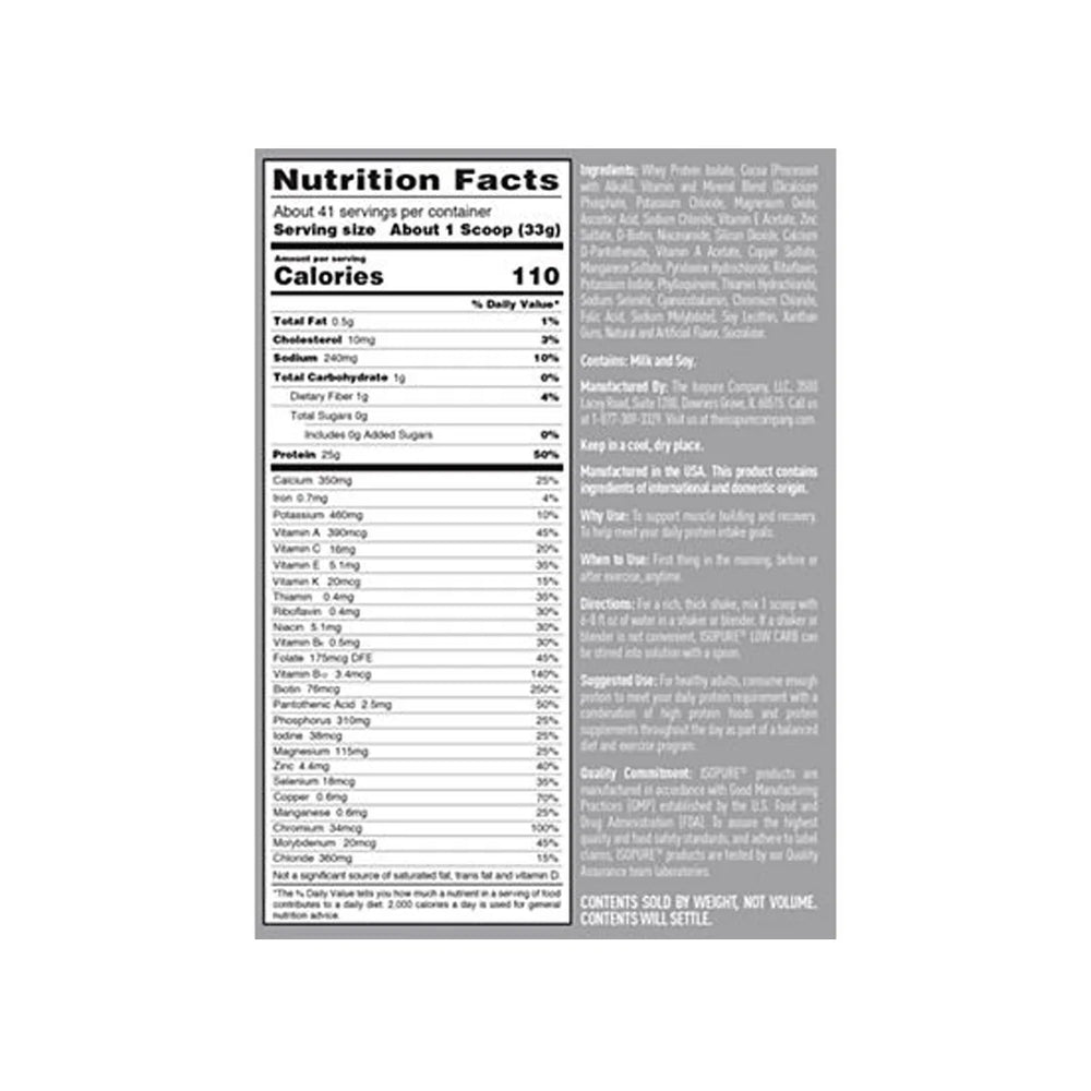 Isopure Low Carb Protein Powder 14 Servings Supplement Facts label showing 25g whey isolate, minimal carbs, zero sugar, calories, and vitamins per serving