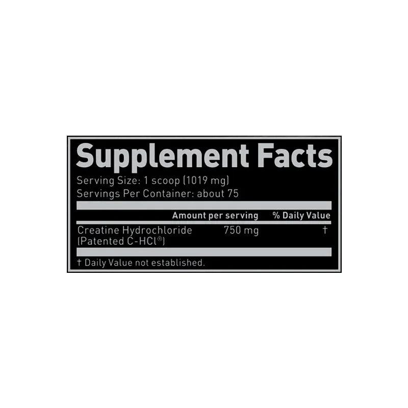 Detailed nutrition label of Kaged Creatine HCL 75 servings with creatine hydrochloride content