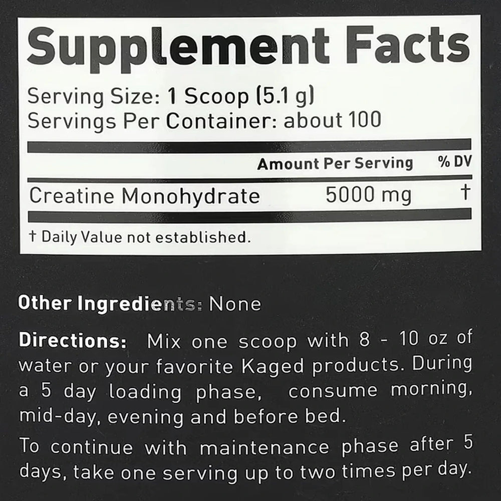Supplement facts for Kaged Creatine Monohydrate showing creatine per serving