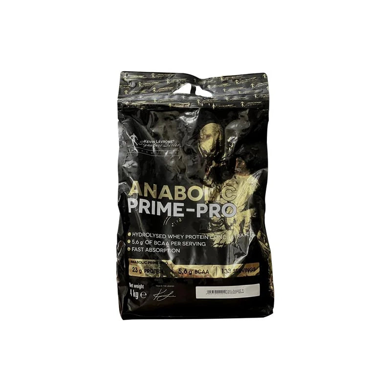 A sealed pouch of Kevin Levrone Anabolic Prime Pro, a nutrition supplement in powder form, with various product features and the weight of 4 kg indicated.