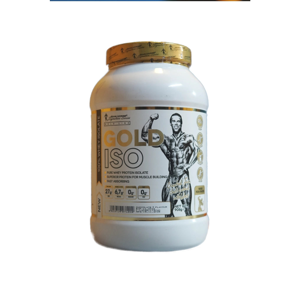 Gold ISO whey protein isolate packaging with a muscular figure on a white background