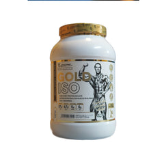 Gold ISO whey protein isolate packaging with a muscular figure on a white background
