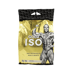 Gold ISO whey protein isolate packaging with a muscular figure on a white background