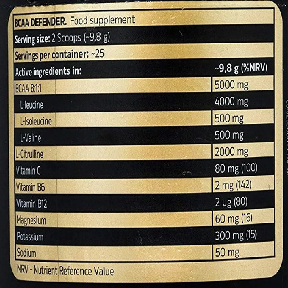 Kevin Levrone BCAA Defender ingredients and nutritional value chart