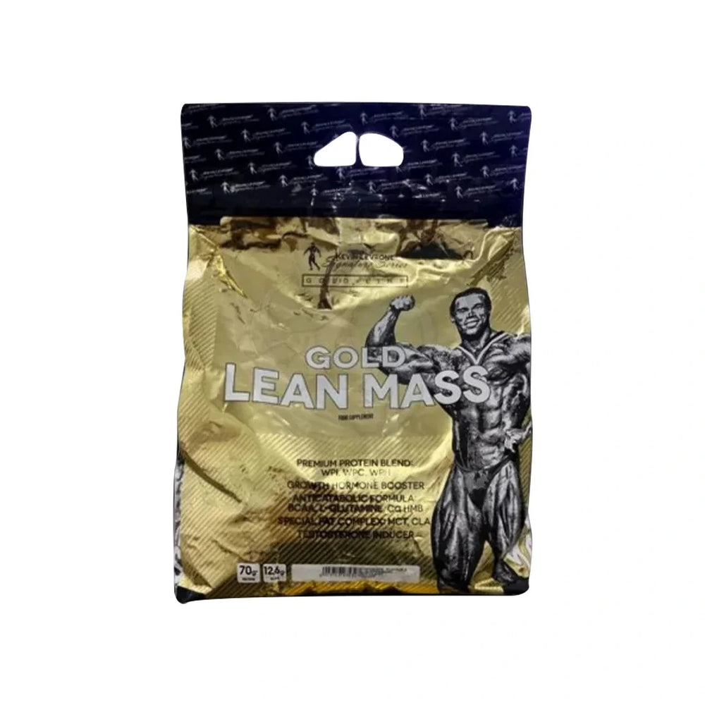Tub of Kevin Levrone Gold Lean Mass protein supplement – lean muscle mass gainer with 70g protein, 72g carbs, creatine, BCAAs, and glutamine per serving
